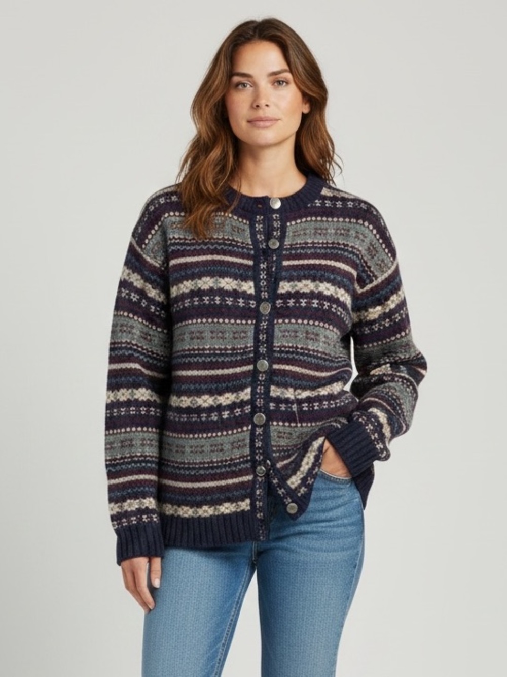 Vintage 90s croft & barrow Navy, Cream & Burgundy Fair Isle Patterned Cardigan